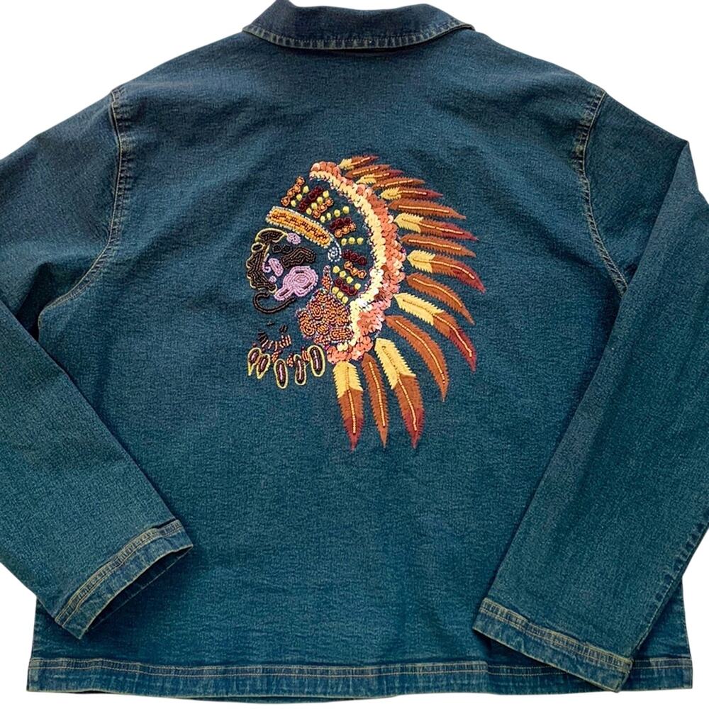 Jane Seymour Embroidered and Beaded American Indian Stretch Jean Jacket L/XL